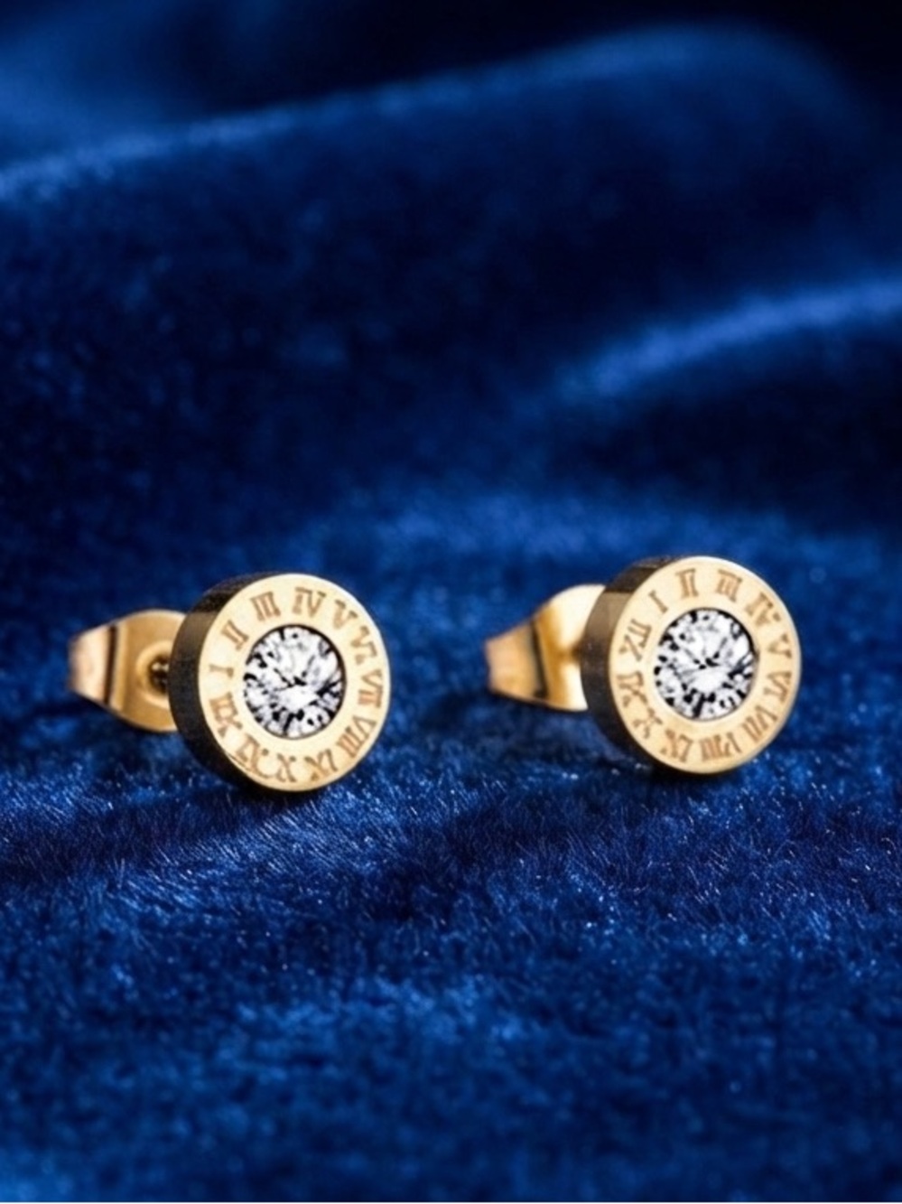 Gold Tone Roman Numeral Stud Earrings with Clear Crystal